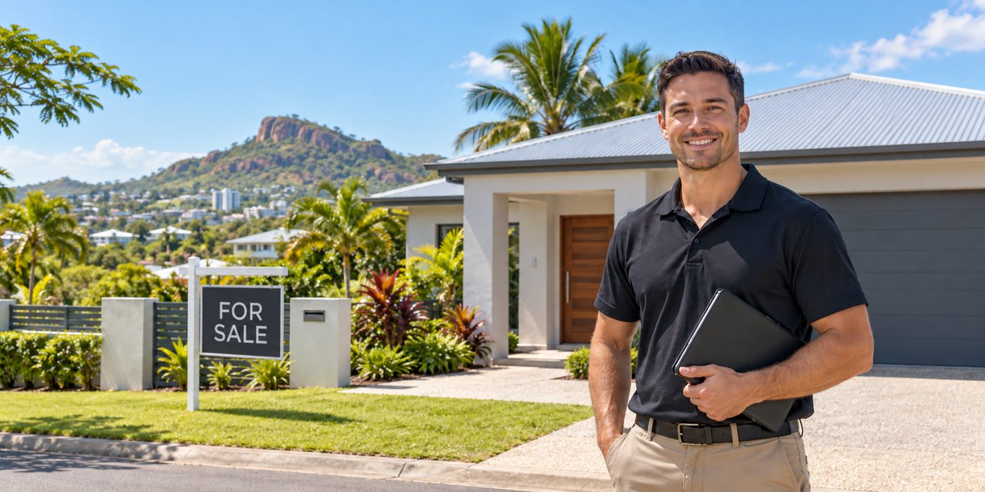 Sales agent at a Townsville home with a for sale sign and Castle Hill in the background